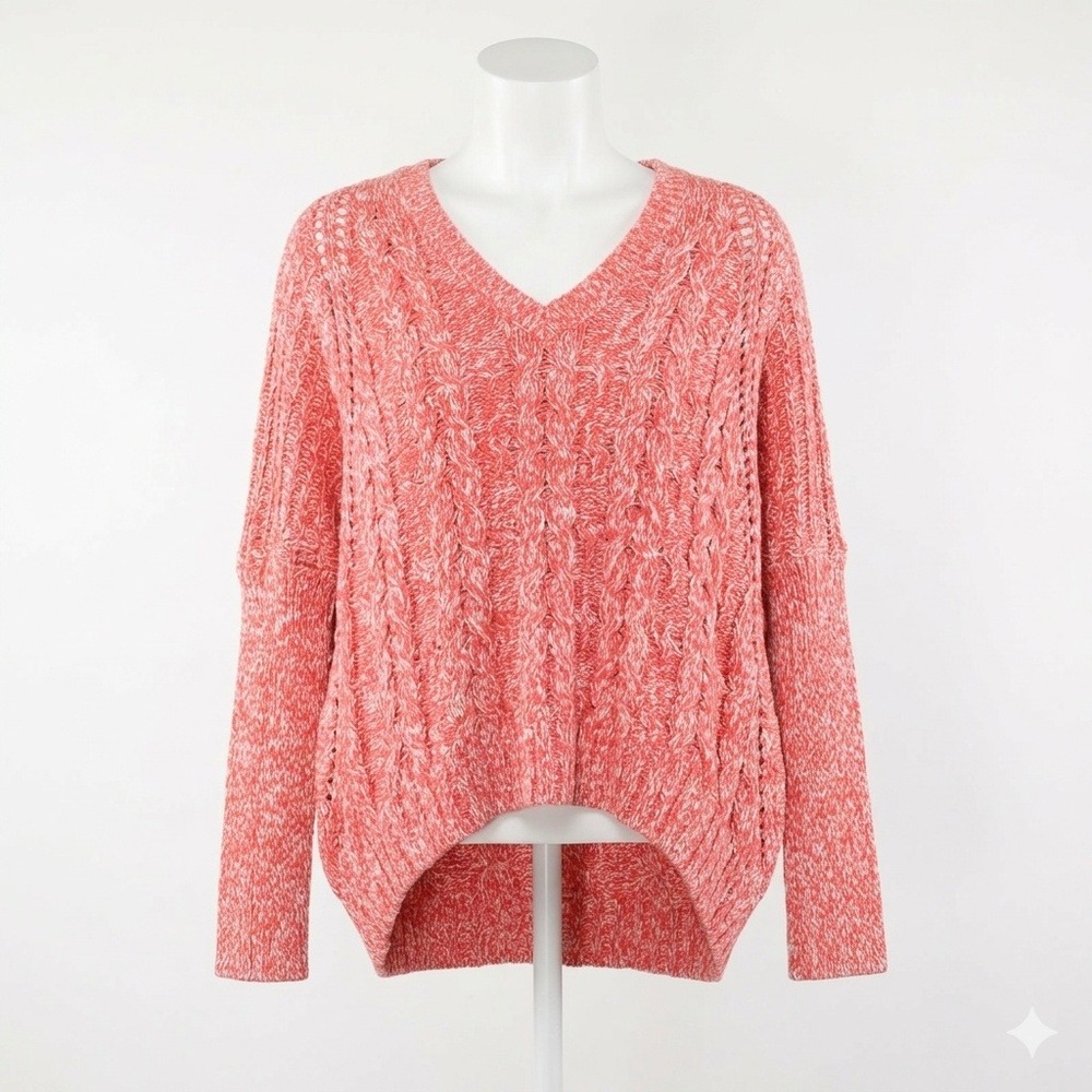 Express Sweater Womens Medium Coral Pink Marled‎ Cable Knit V-Neck High Low Hem